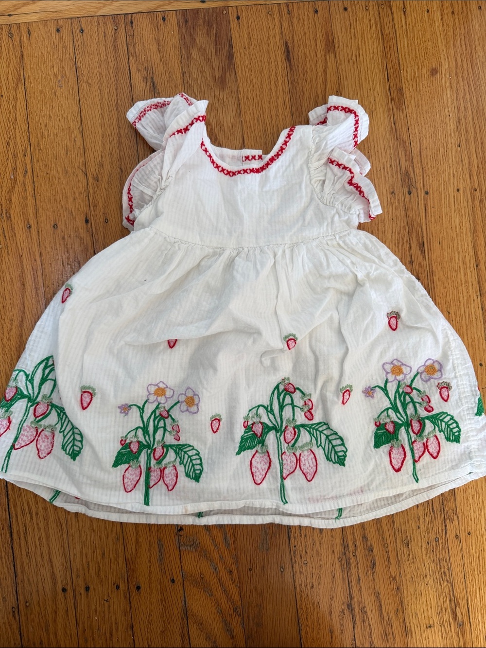 Stella McCartney Kids White Dress with Red Strawberry & Green Floral Embroidery